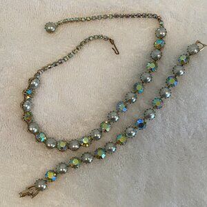WEISS Aurora Borealis Rhinestone and Pearl Choker with Bracelet Set - 1950s